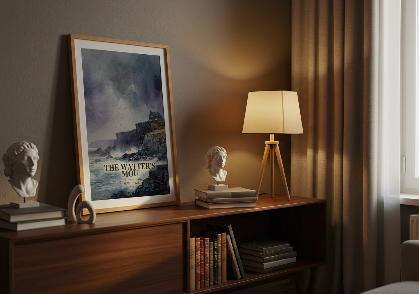 The Watter'S Mou' watercolour print on bookshelf – Bram Stoker fan gift