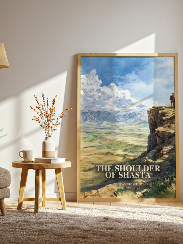 The Shoulder Of Shasta watercolour print in frame leaning in hallway – romance wall art