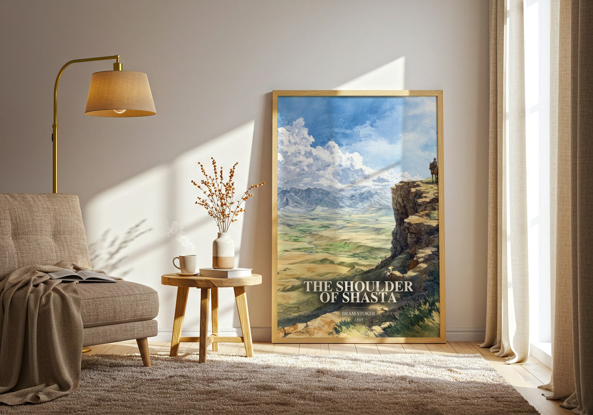 The Shoulder Of Shasta watercolour print in frame leaning in hallway – romance wall art