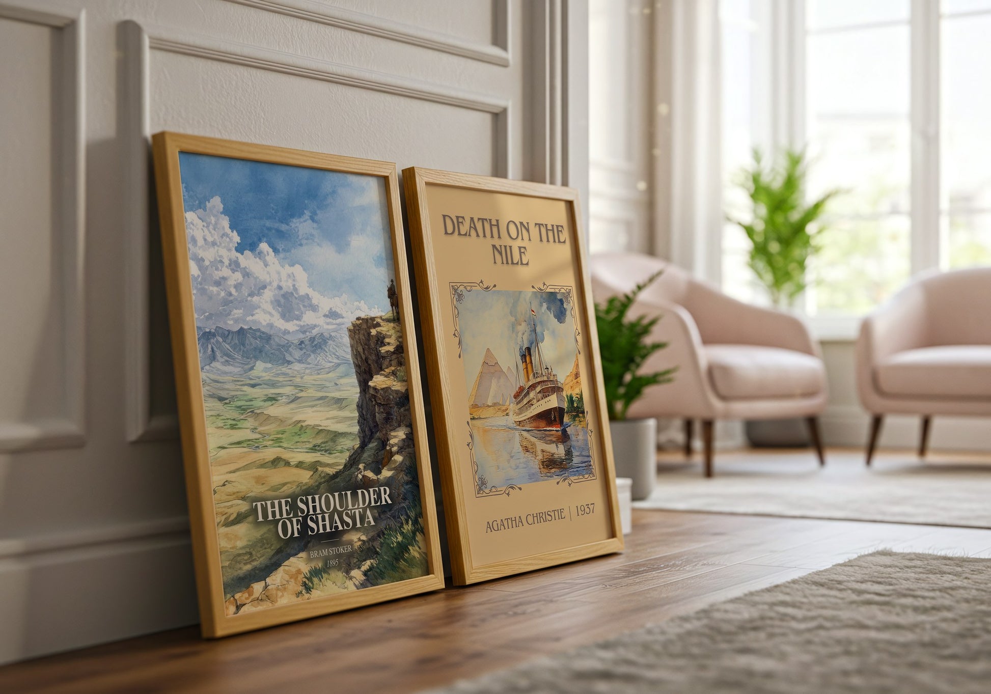 The Shoulder Of Shasta watercolour print framed by window – literary home decor