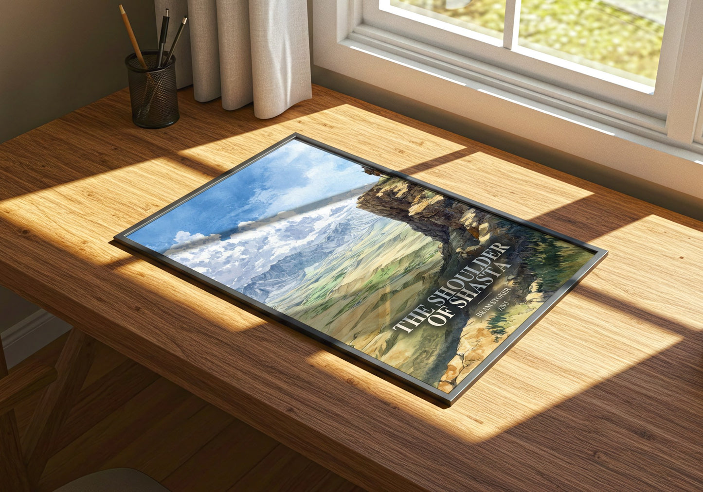The Shoulder Of Shasta watercolour book poster framed on wall – romance wall art