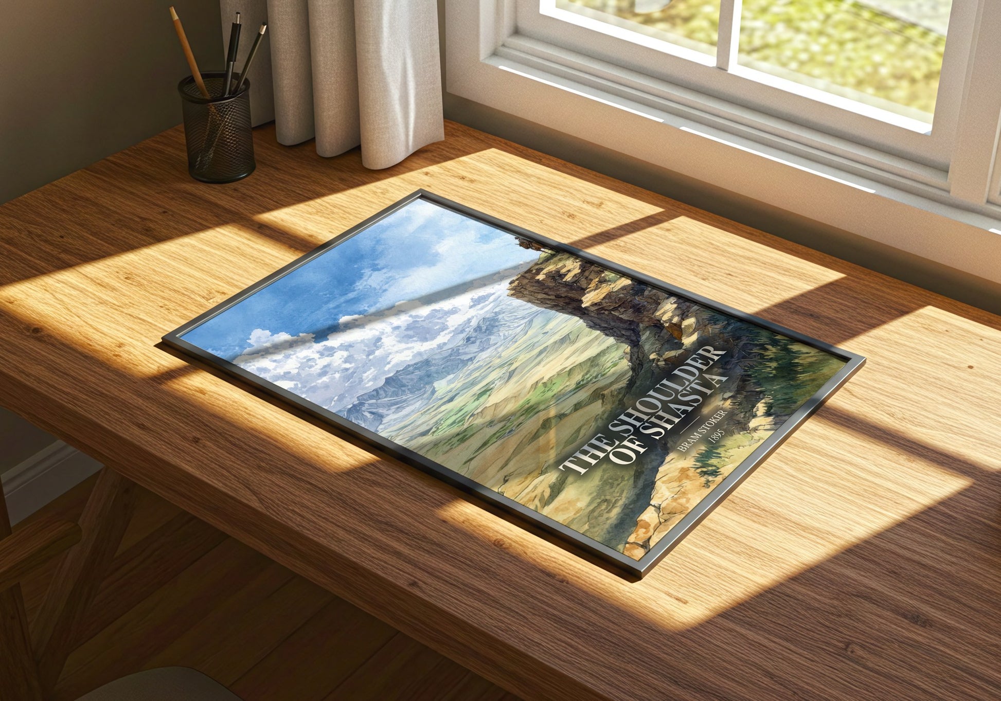 The Shoulder Of Shasta watercolour book poster framed on wall – romance wall art