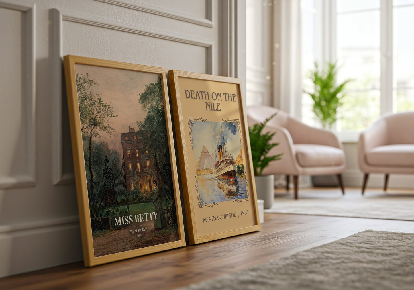Miss Betty watercolour print framed by window – literary home decor