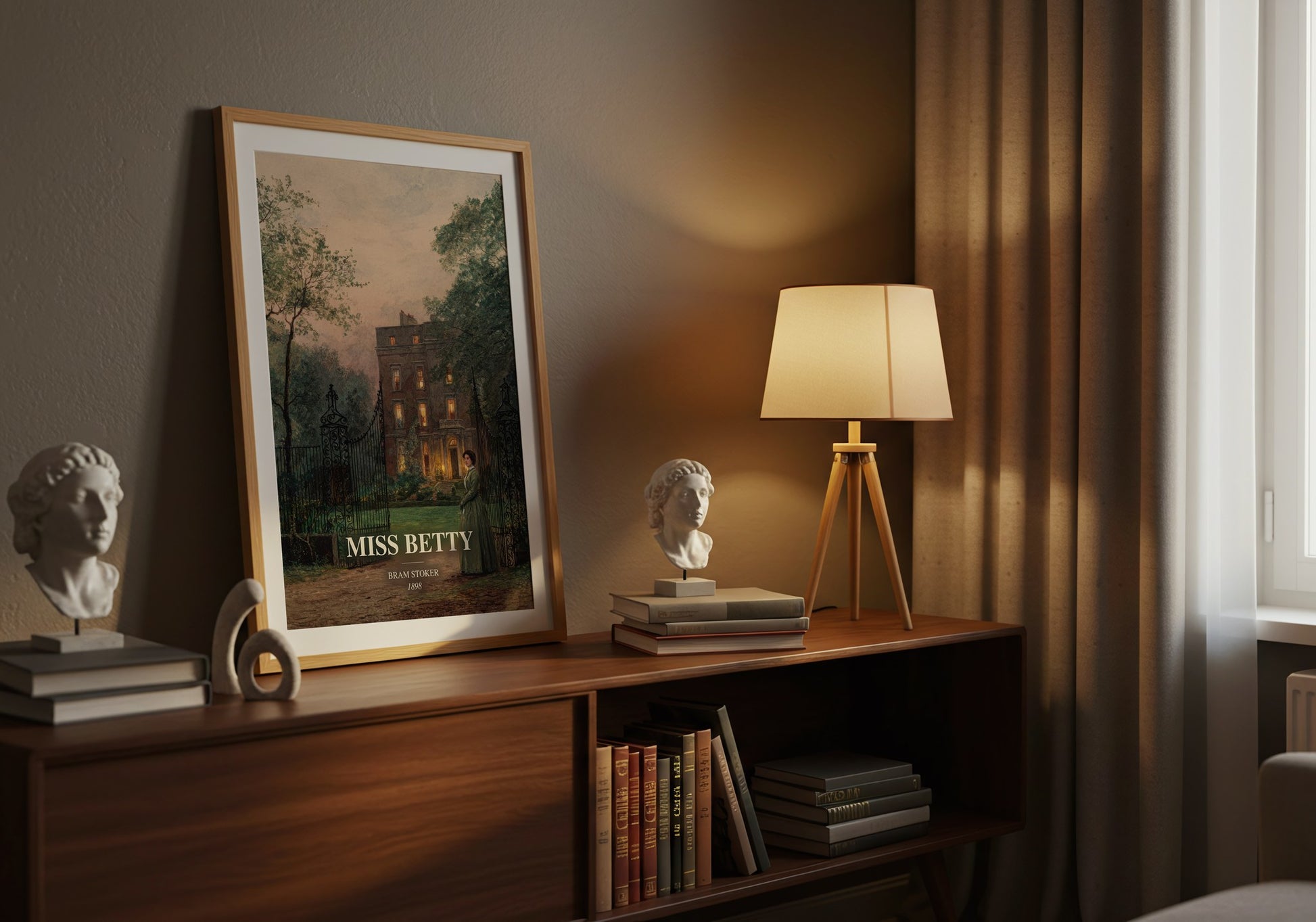 Miss Betty watercolour print on bookshelf – Bram Stoker fan gift