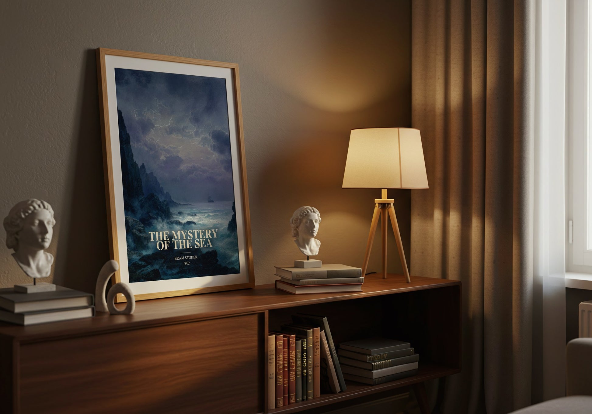 The Mystery Of The Sea watercolour print on bookshelf – Bram Stoker fan gift