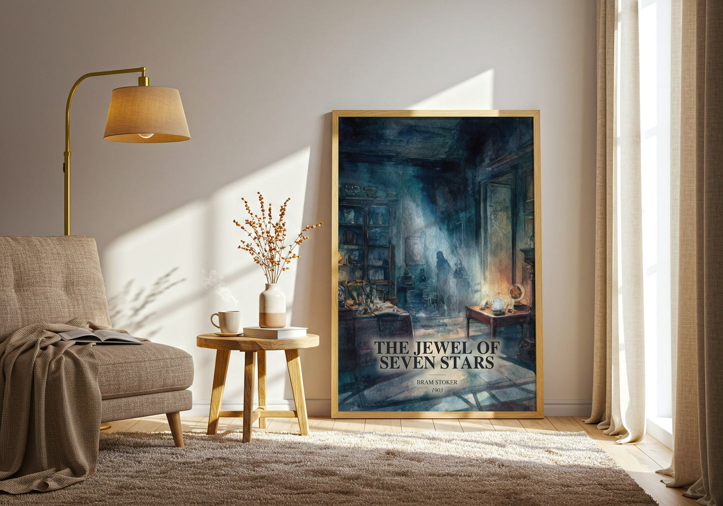 The Jewel Of Seven Stars watercolour print in frame leaning in hallway – horror wall art
