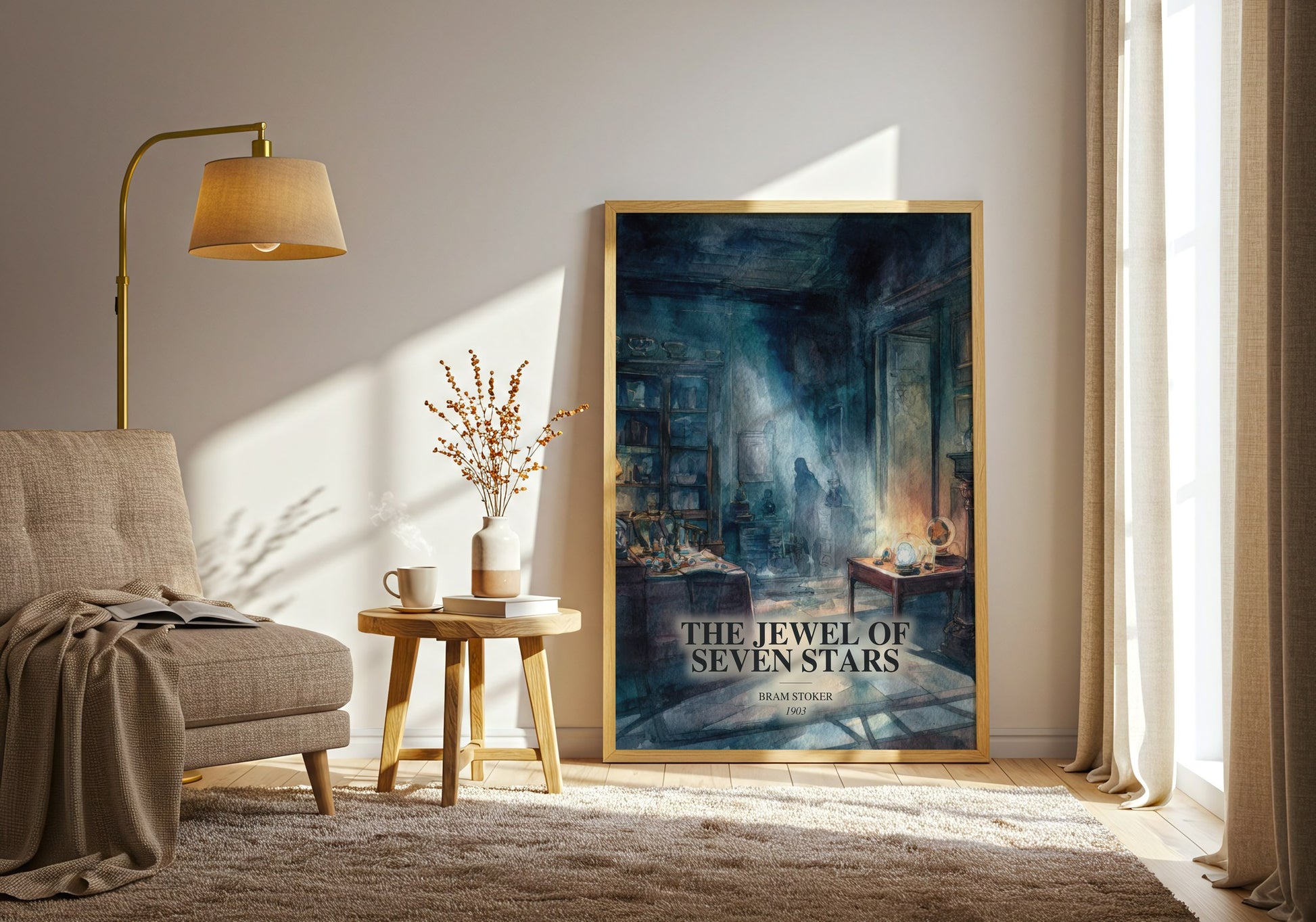 The Jewel Of Seven Stars watercolour print in frame leaning in hallway – horror wall art
