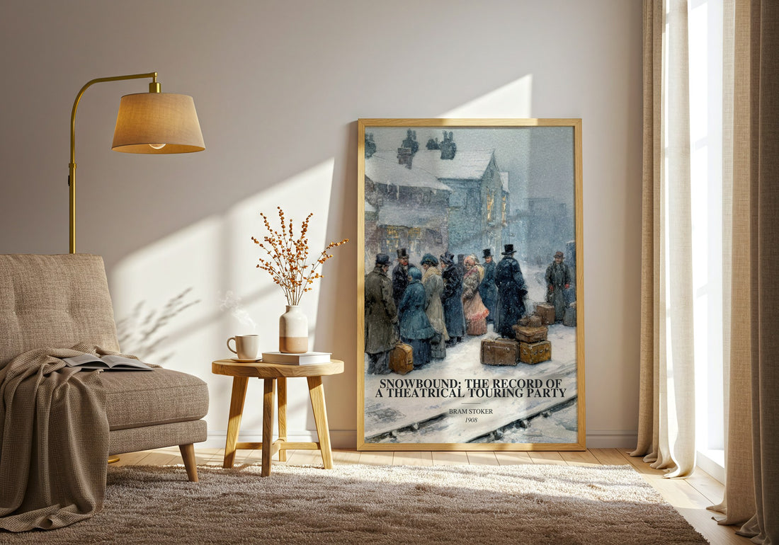 Snowbound: The Record Of A Theatrical Touring Party watercolour print in frame leaning in hallway – horror wall art (mockup)