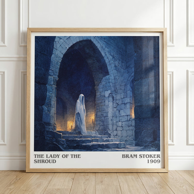 The Lady of the Shroud literary print in frame leaning in hallway – adventure wall art