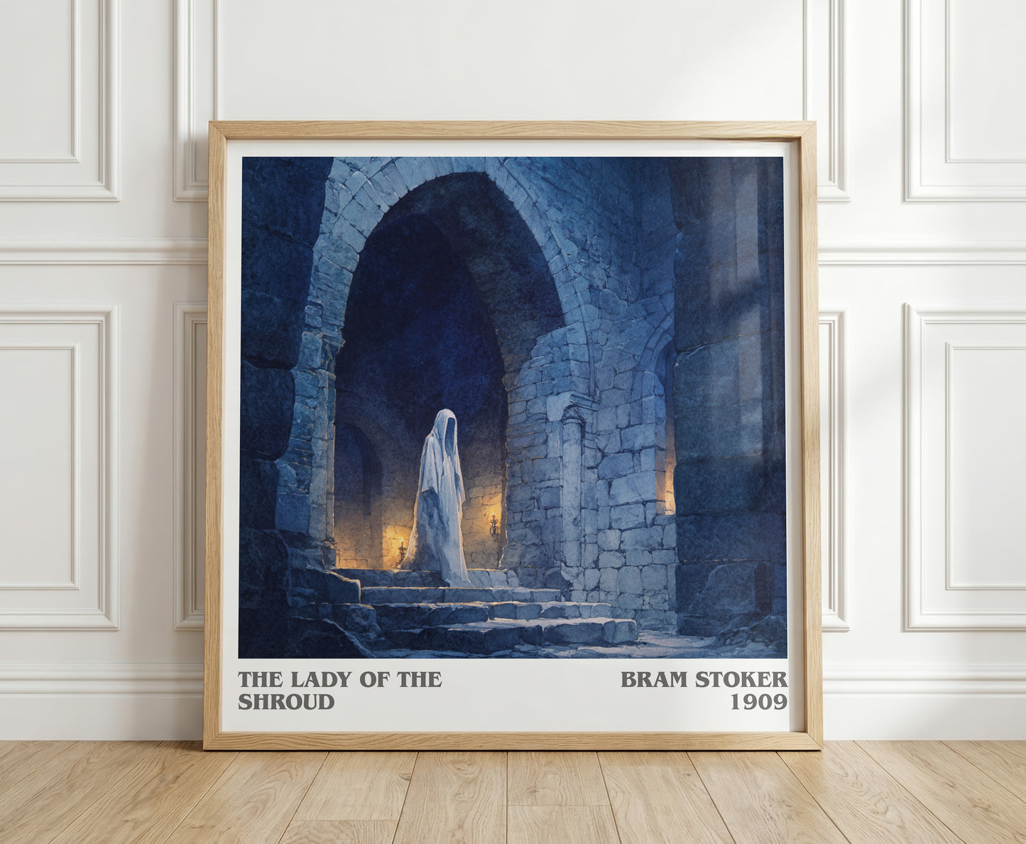 The Lady of the Shroud literary print in frame leaning in hallway – adventure wall art