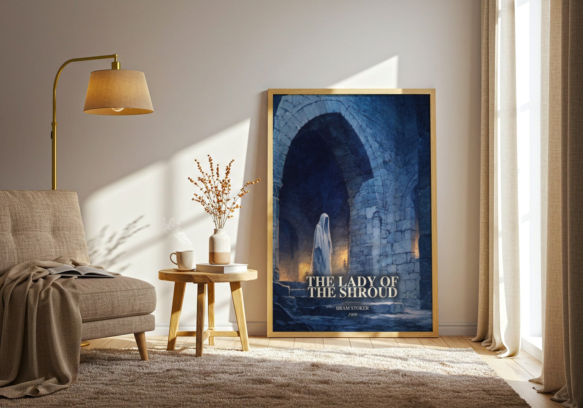 The Lady Of The Shroud watercolour print in frame leaning in hallway – gothic wall art
