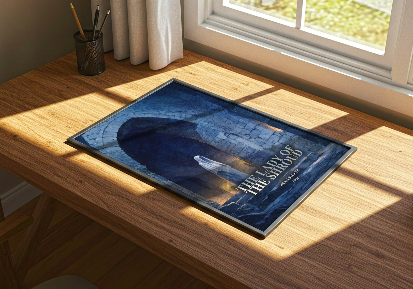 The Lady Of The Shroud watercolour book poster framed on wall – gothic wall art