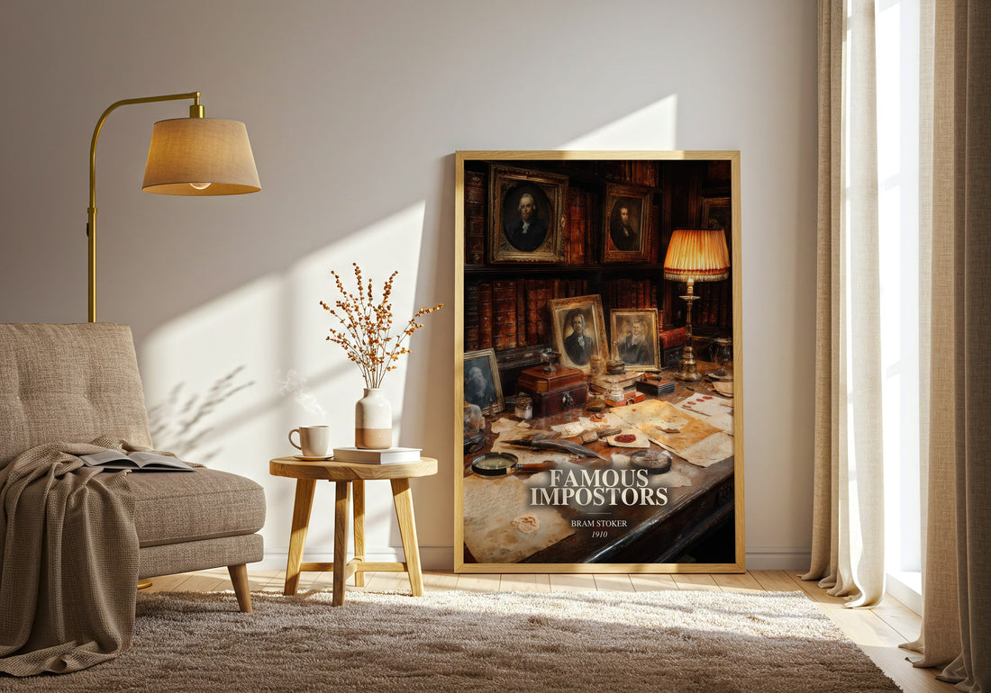 Famous Impostors watercolour print in frame leaning in hallway – non fiction wall art (mockup)