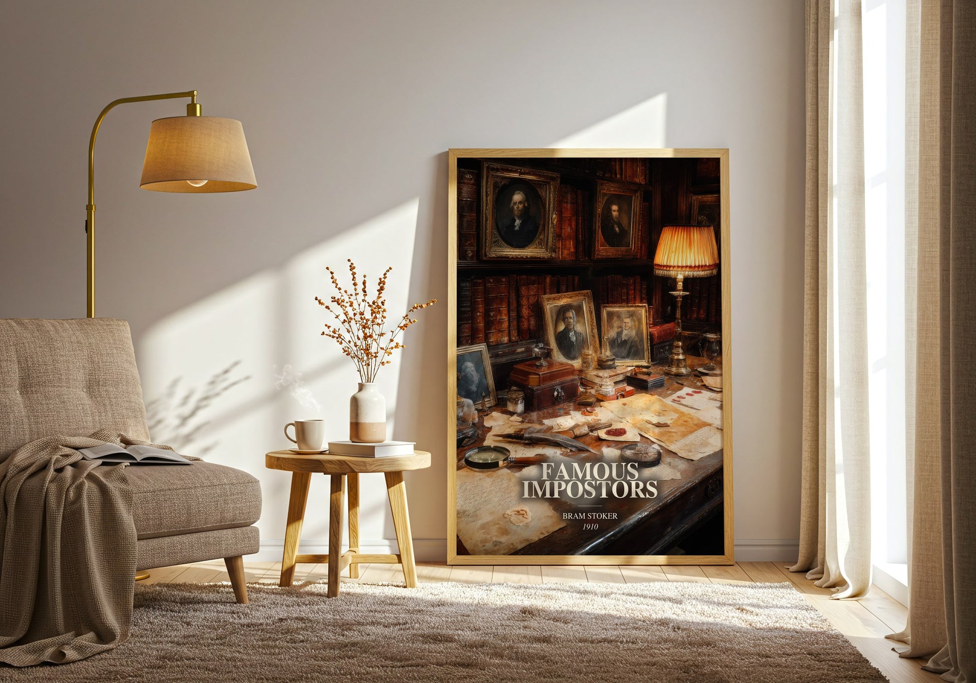 Famous Impostors watercolour print in frame leaning in hallway – non fiction wall art