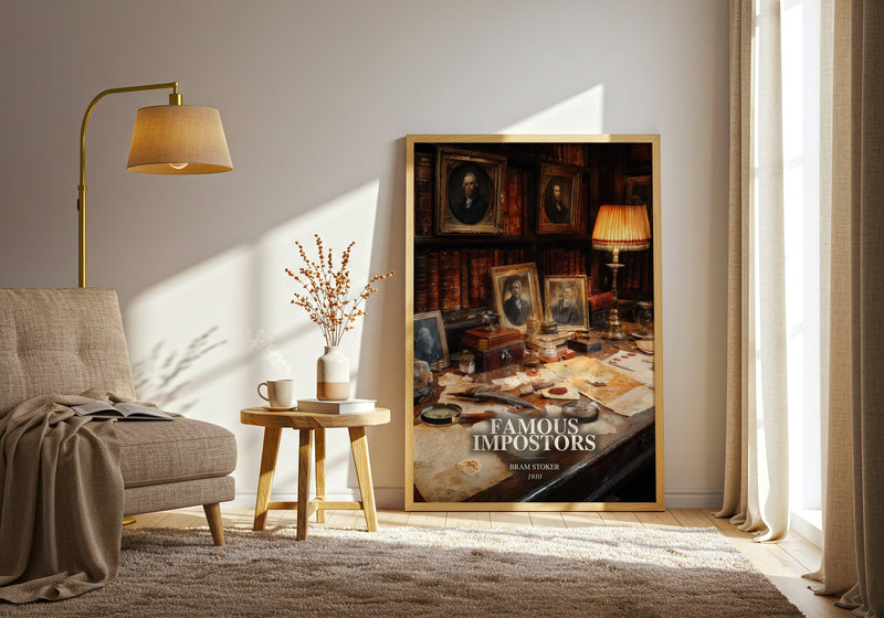 Famous Impostors watercolour print in frame leaning in hallway – non fiction wall art