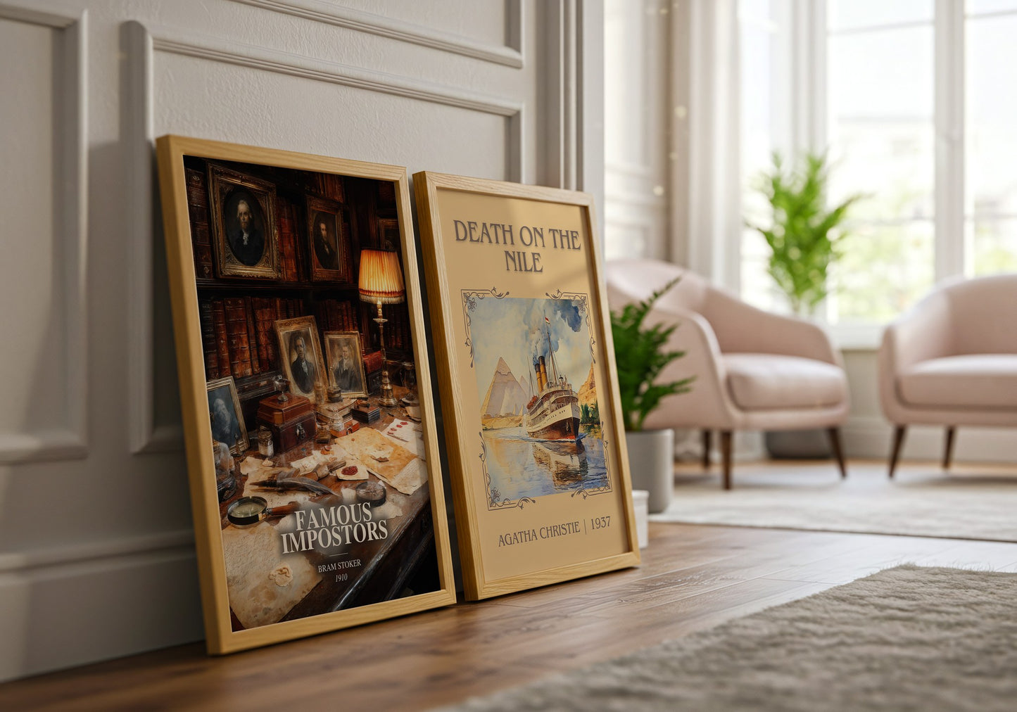 Famous Impostors watercolour print framed by window – literary home decor