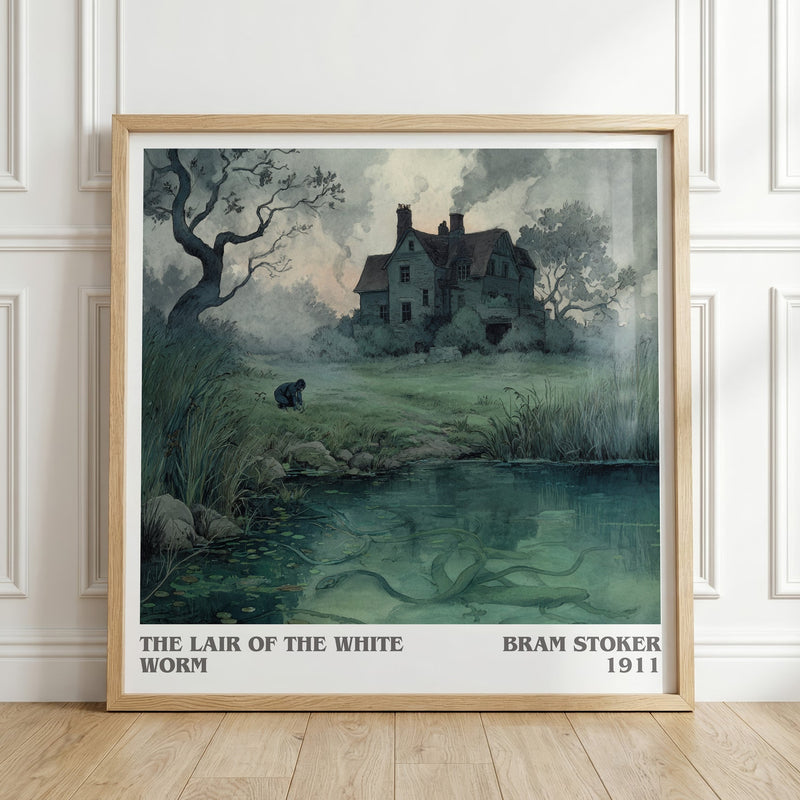 The Lair of the White Worm literary print in frame leaning in hallway – non fiction wall art