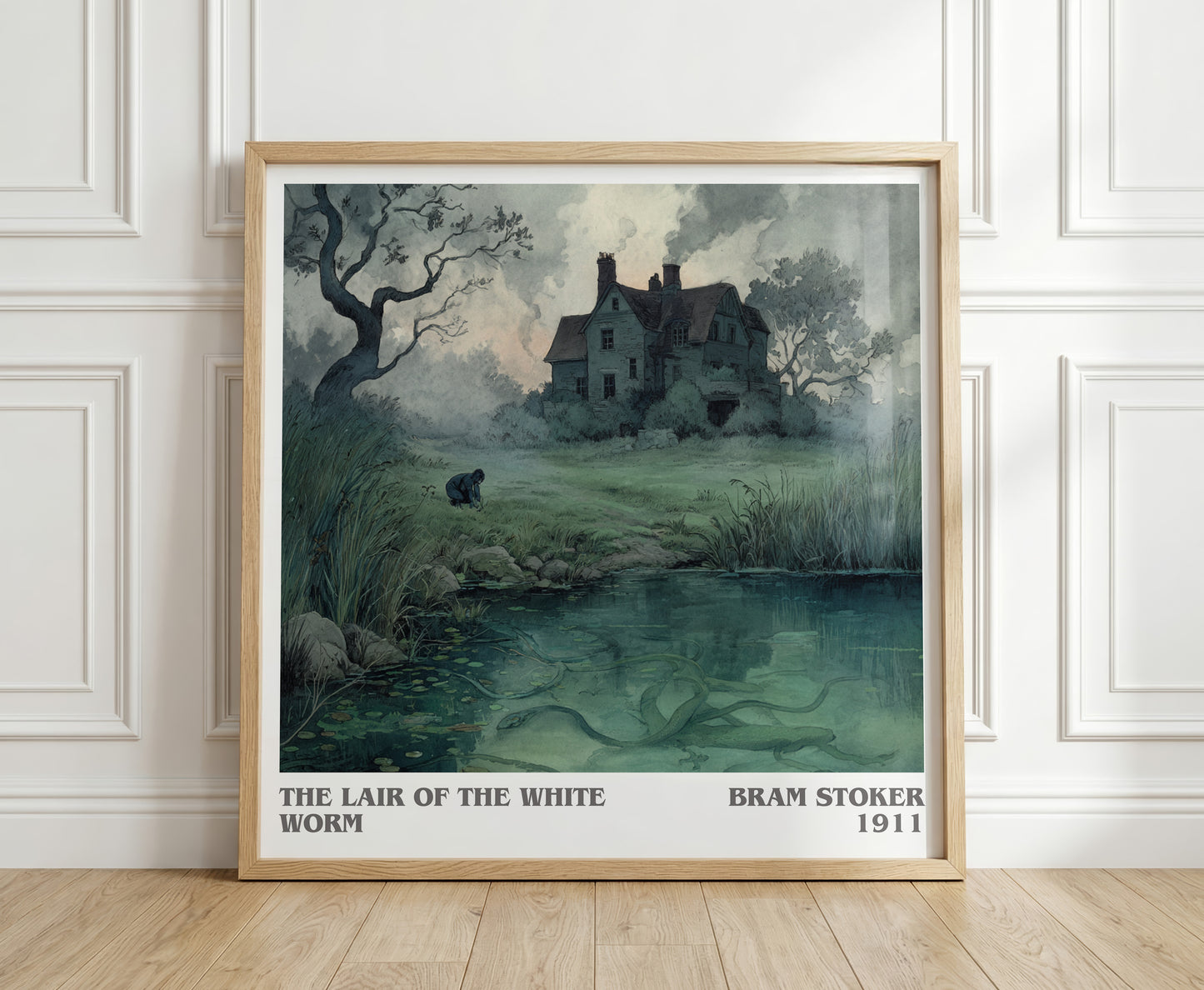 The Lair of the White Worm literary print in frame leaning in hallway – non fiction wall art