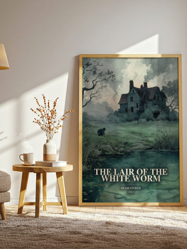 The Lair Of The White Worm watercolour print in frame leaning in hallway – gothic wall art