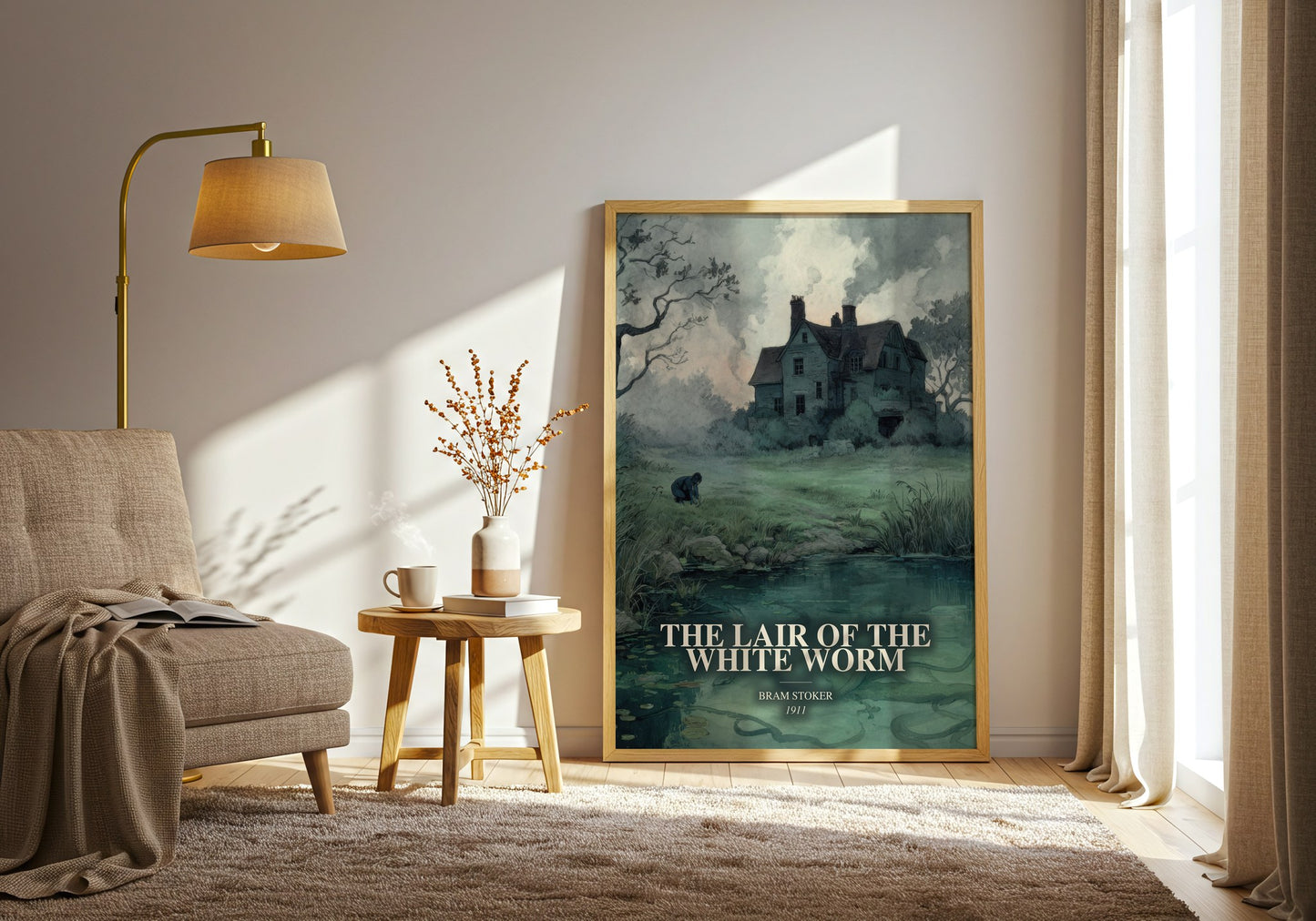 The Lair Of The White Worm watercolour print in frame leaning in hallway – gothic wall art