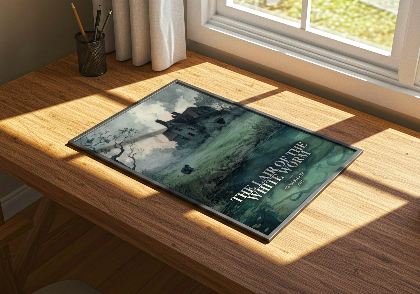 The Lair Of The White Worm watercolour book poster framed on wall – gothic wall art