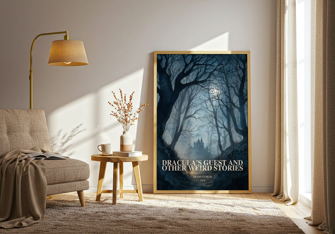 Dracula'S Guest And Other Weird Stories watercolour print in frame leaning in hallway – horror wall art (mockup)