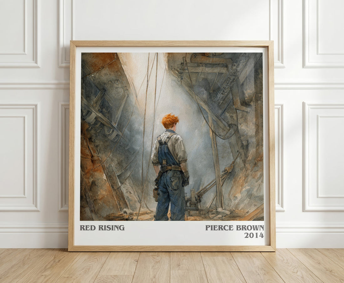Red Rising literary print in frame leaning in hallway – horror wall art (mockup)