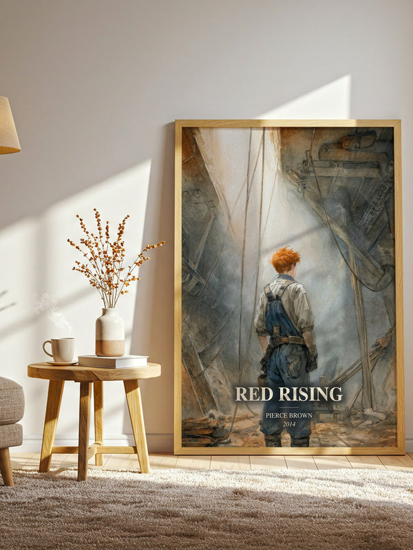Red Rising watercolour print in frame leaning in hallway – sci fi wall art