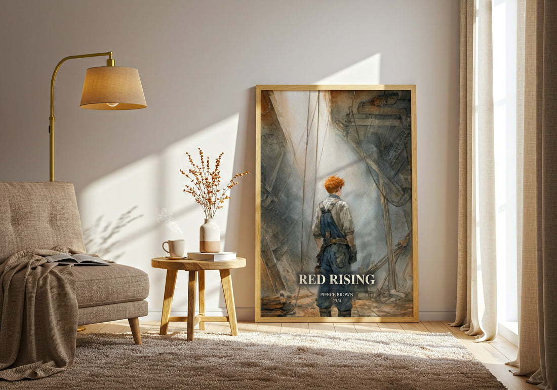 Red Rising watercolour print in frame leaning in hallway – sci fi wall art (mockup)