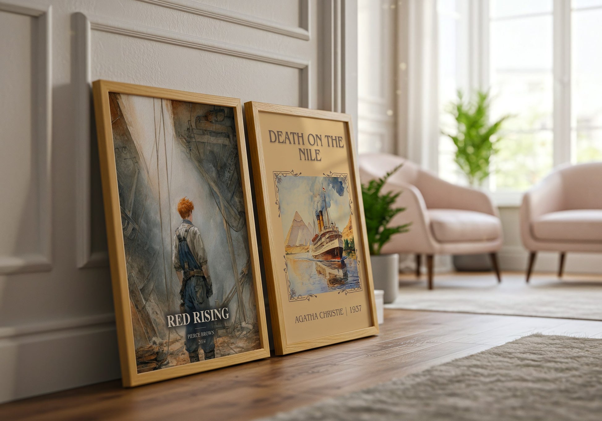 Red Rising watercolour print framed by window – literary home decor