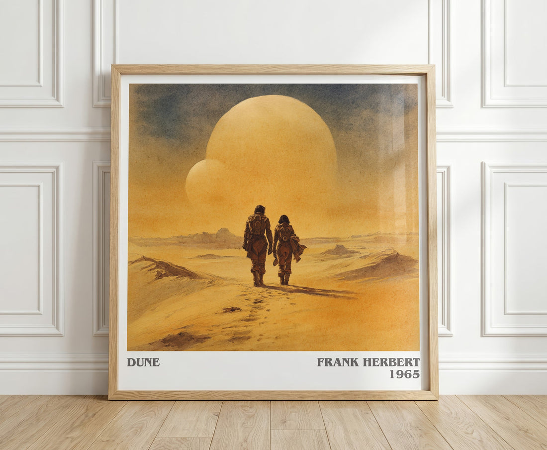 Dune literary print in frame leaning in hallway – sci fi wall art (mockup)
