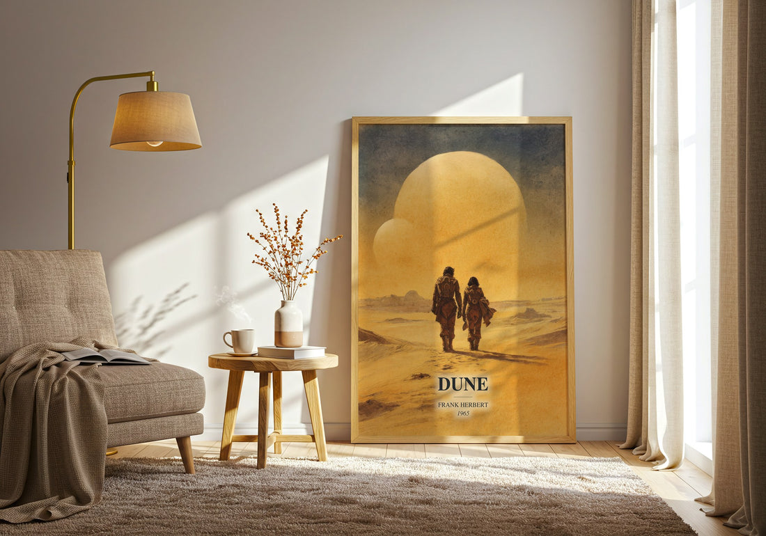 Dune watercolour print in frame leaning in hallway – sci fi wall art (mockup)
