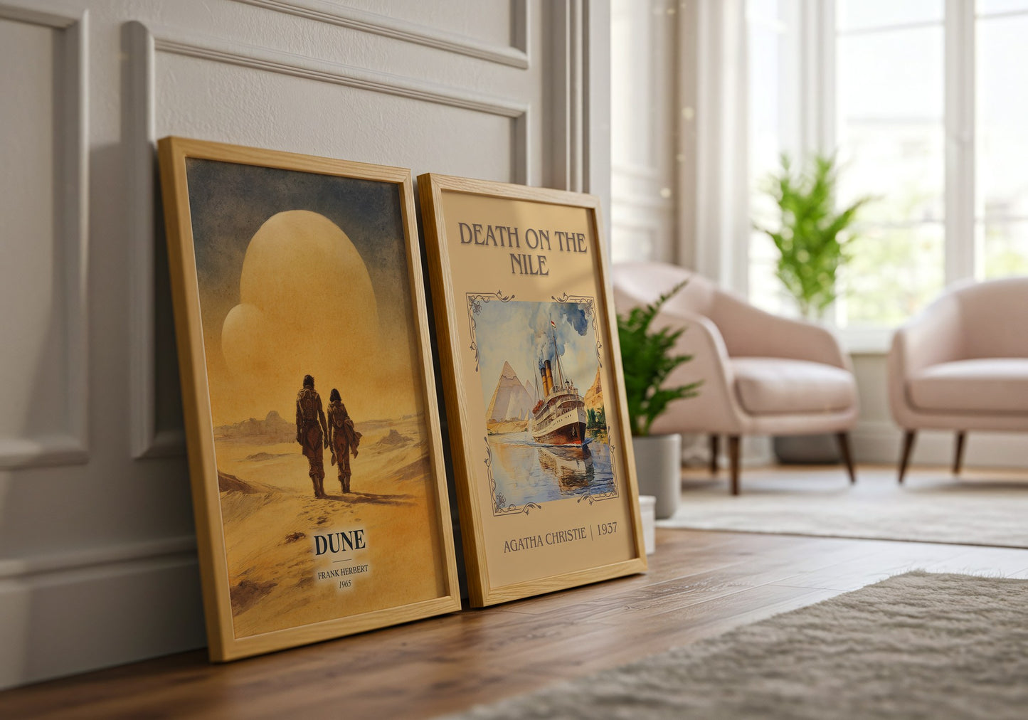 Dune watercolour print framed by window – literary home decor