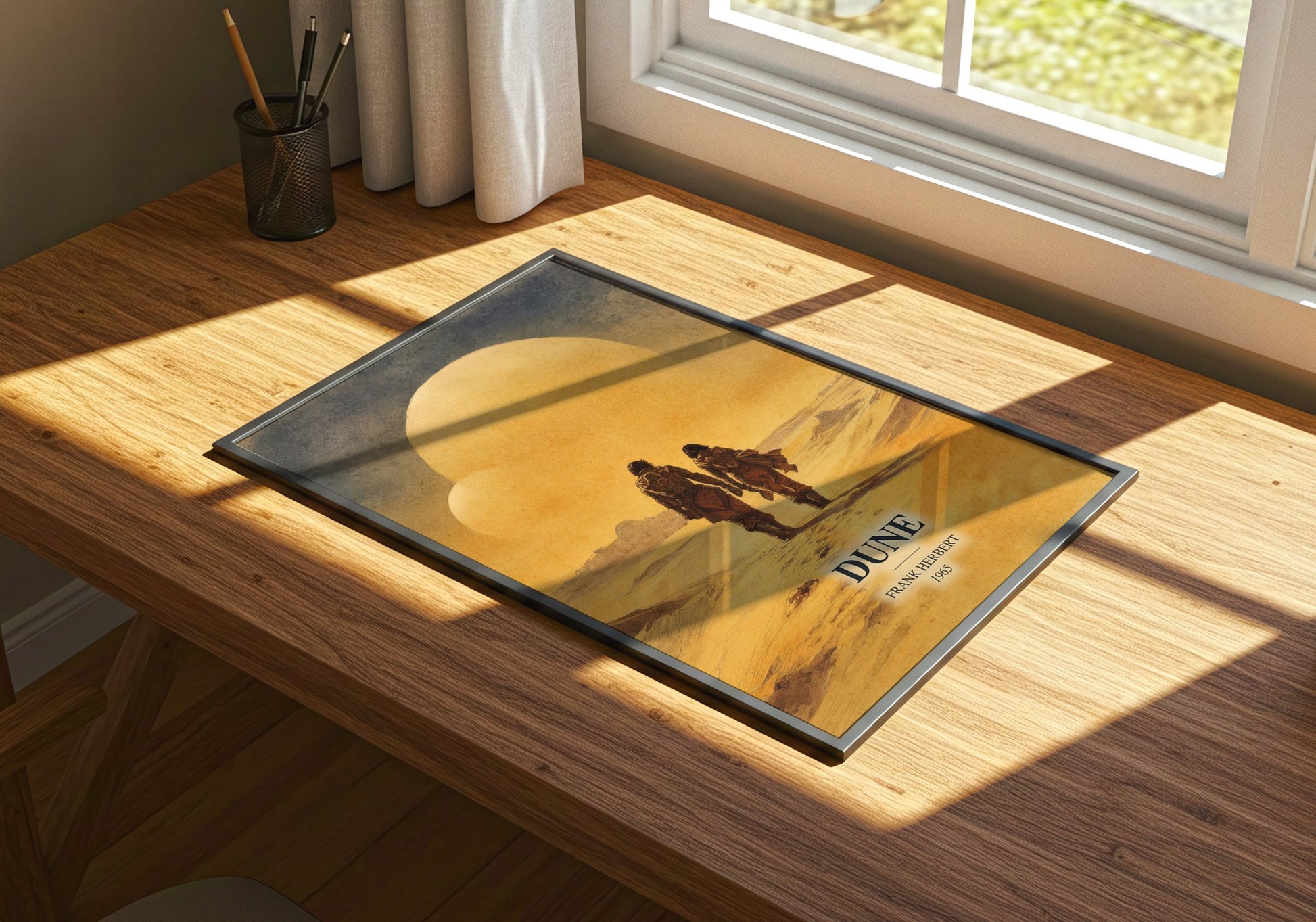 Dune watercolour book poster framed on wall – sci fi wall art