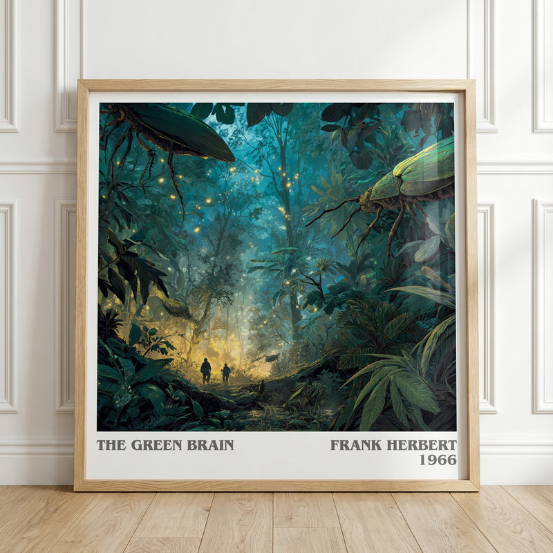 The Green Brain literary print in frame leaning in hallway – sci fi wall art