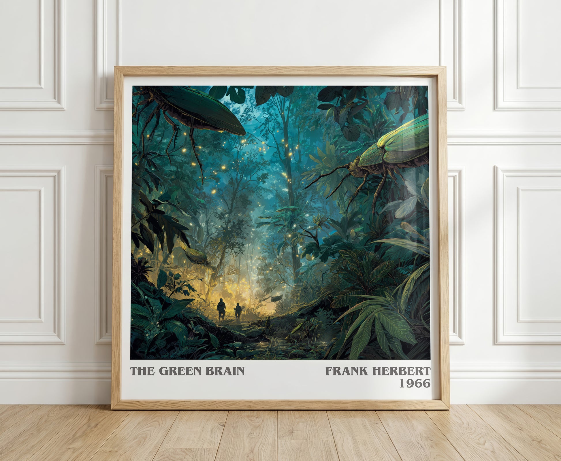 The Green Brain literary print in frame leaning in hallway – sci fi wall art