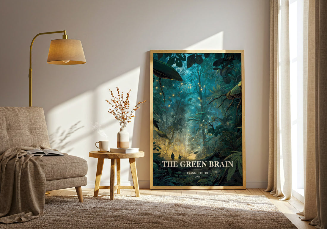 The Green Brain watercolour print in frame leaning in hallway – sci fi wall art (mockup)