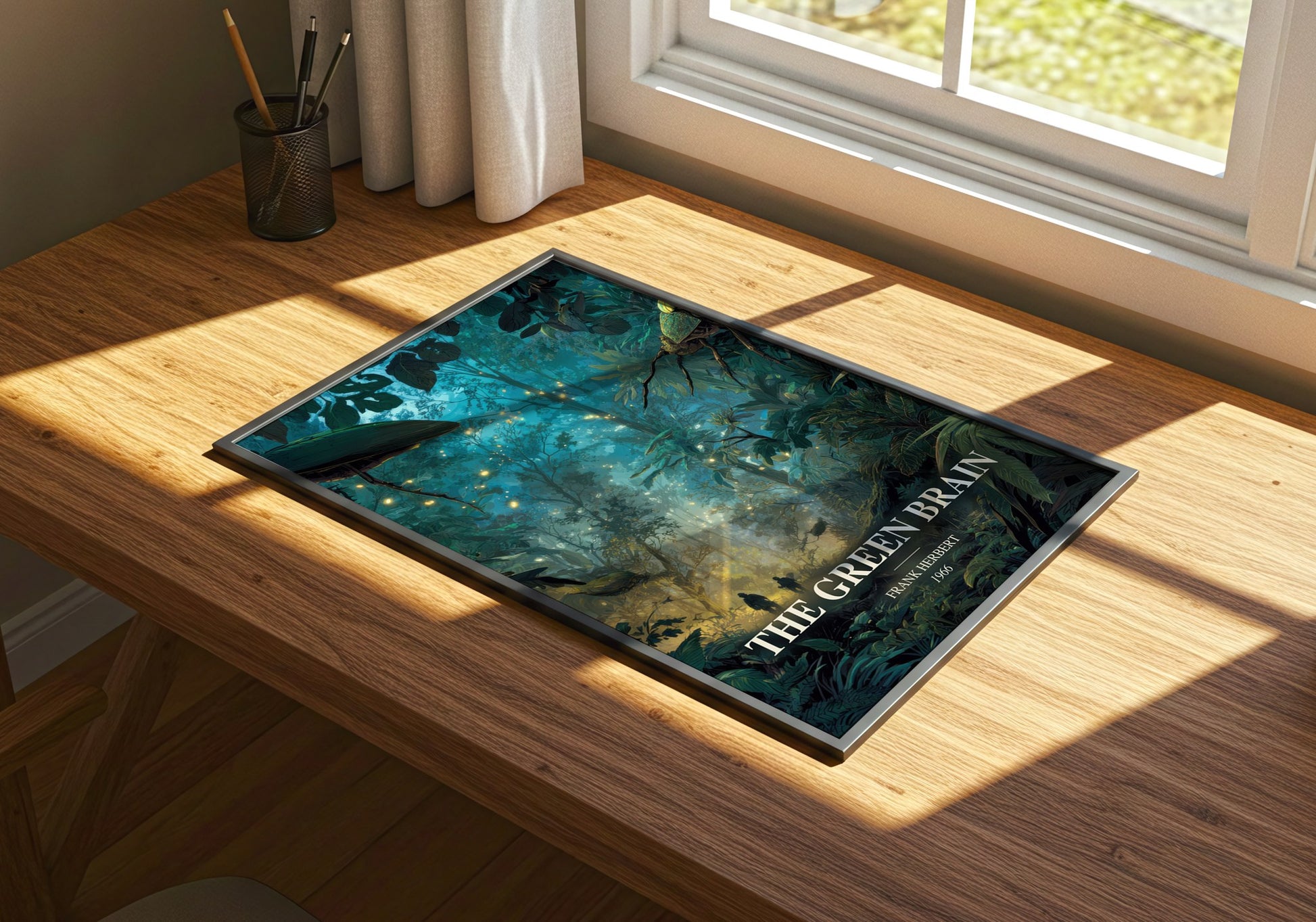 The Green Brain watercolour book poster framed on wall – sci fi wall art