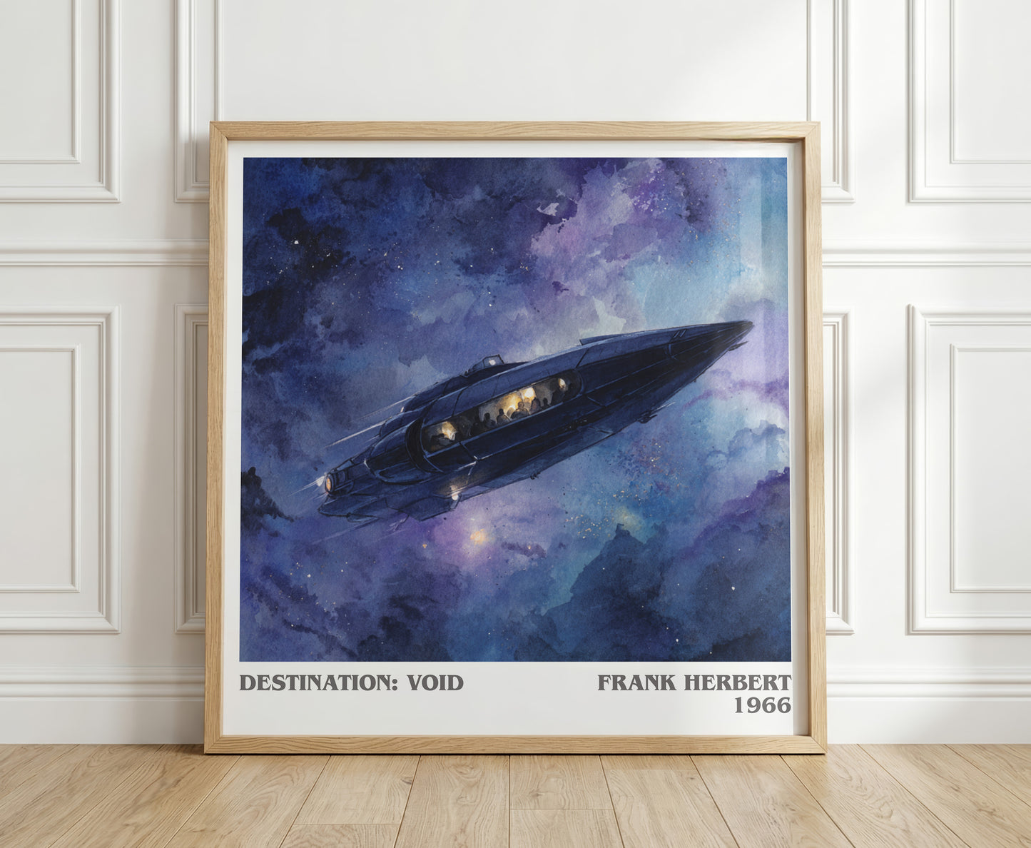 Destination: Void literary print in frame leaning in hallway – sci fi wall art