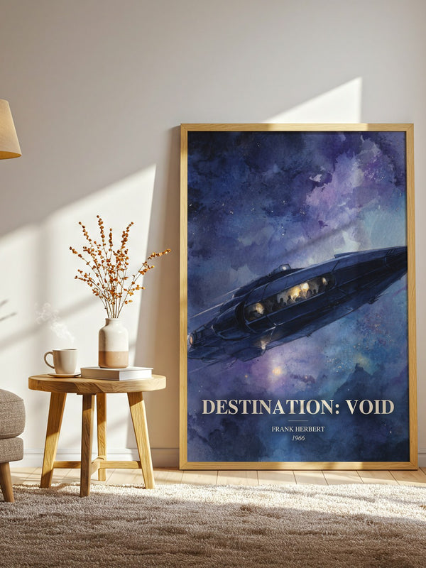 Destination: Void watercolour print in frame leaning in hallway – sci fi wall art