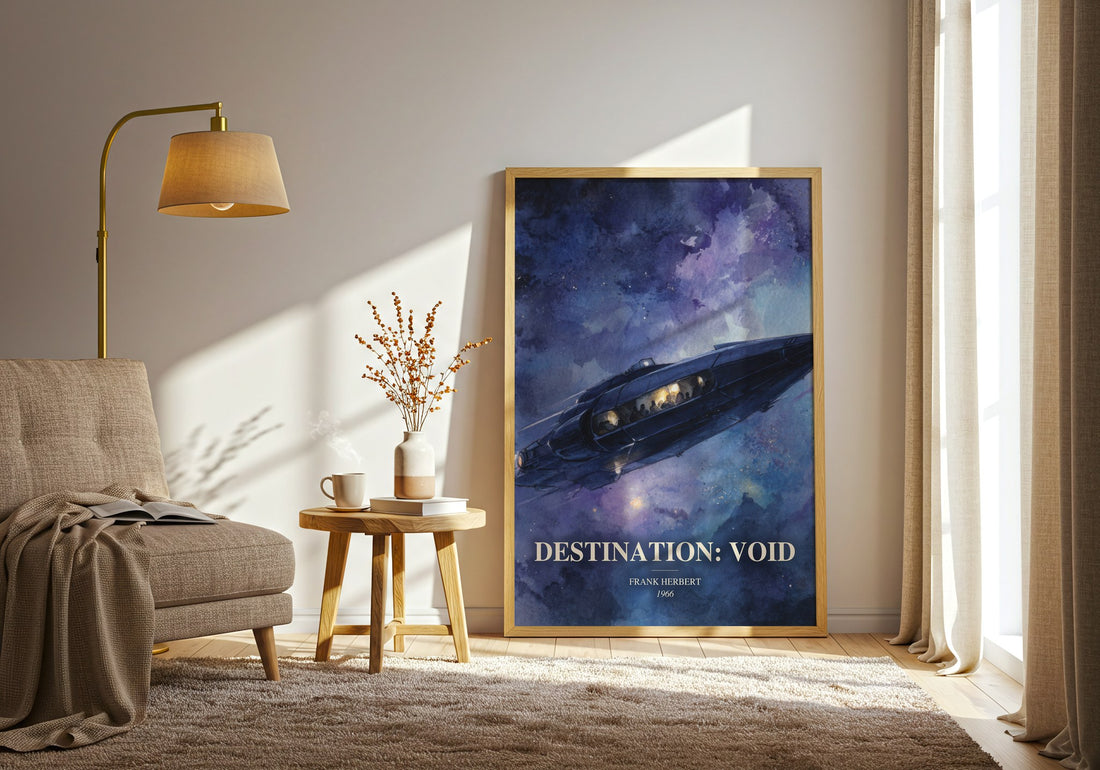 Destination: Void watercolour print in frame leaning in hallway – sci fi wall art (mockup)