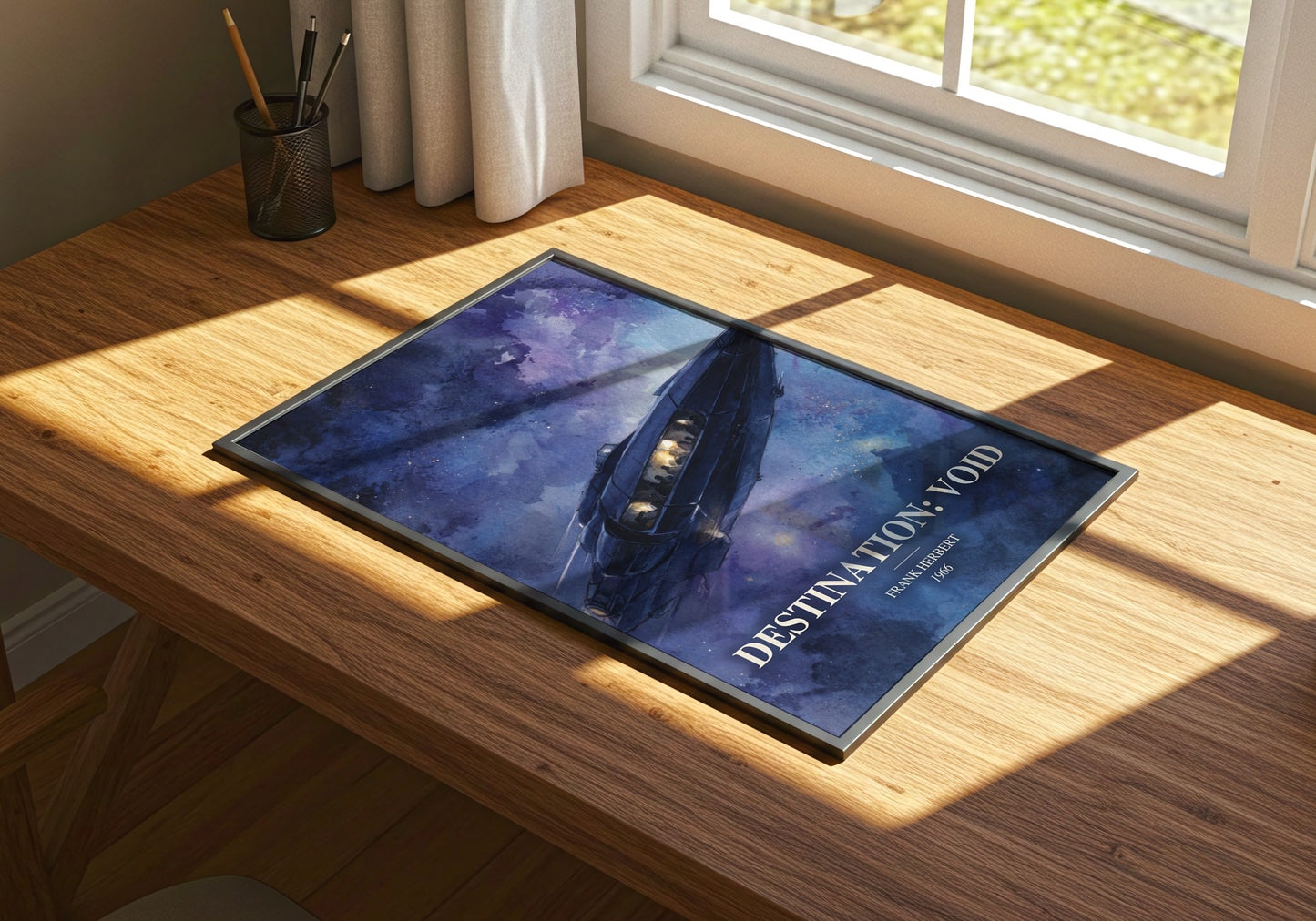 Destination: Void watercolour book poster framed on wall – sci fi wall art