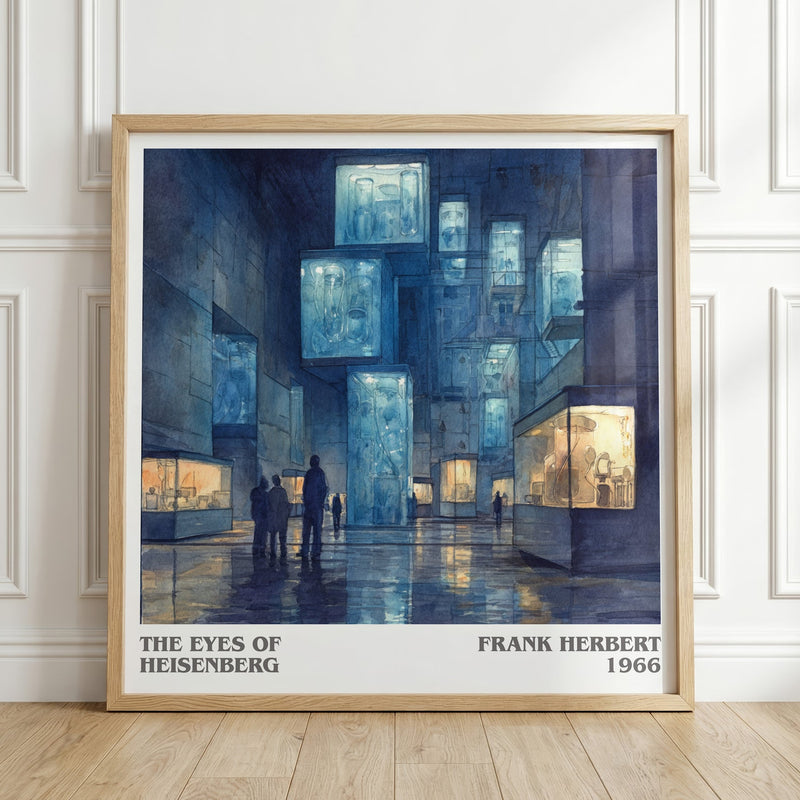 The Eyes of Heisenberg literary print in frame leaning in hallway – sci fi wall art