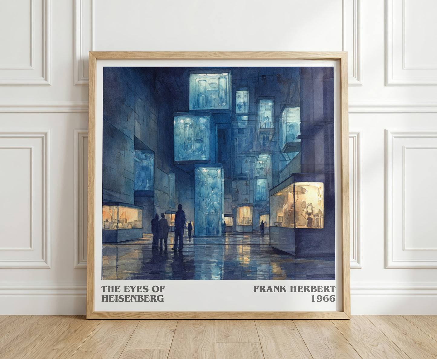 The Eyes of Heisenberg literary print in frame leaning in hallway – sci fi wall art