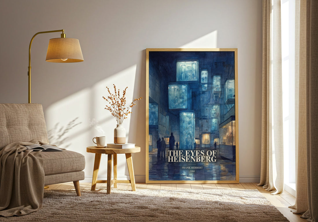 The Eyes Of Heisenberg watercolour print in frame leaning in hallway – sci fi wall art (mockup)