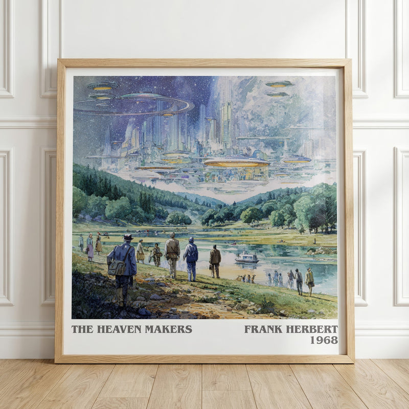 The Heaven Makers literary print in frame leaning in hallway – sci fi wall art