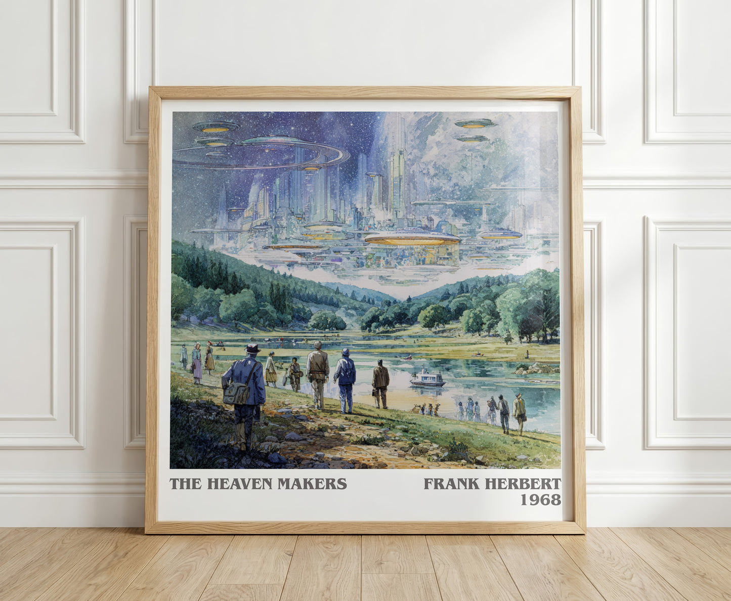The Heaven Makers literary print in frame leaning in hallway – sci fi wall art