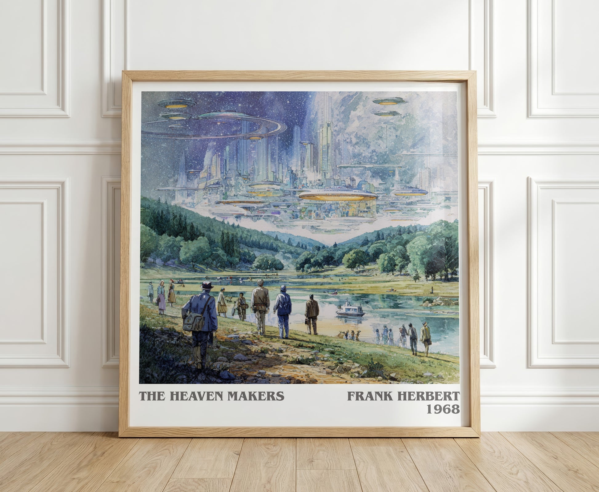 The Heaven Makers literary print in frame leaning in hallway – sci fi wall art