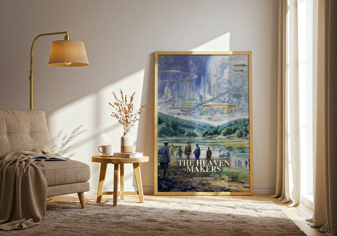 The Heaven Makers watercolour print in frame leaning in hallway – sci fi wall art (mockup)