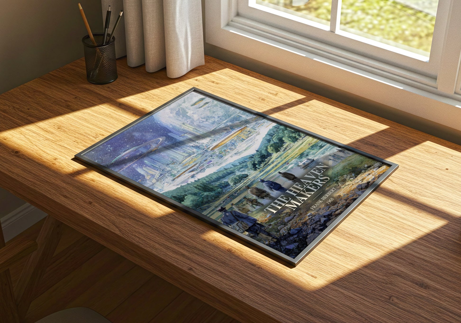 The Heaven Makers watercolour book poster framed on wall – sci fi wall art